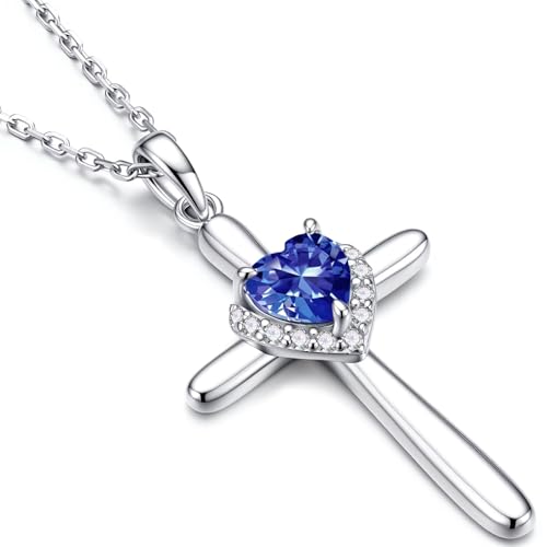Iefil Cross Necklaces for Women - 925 Sterling Silver Heart Birthstone Cross Necklace, Anniversary Birthday Gifts for Wife Girlfriend Mom