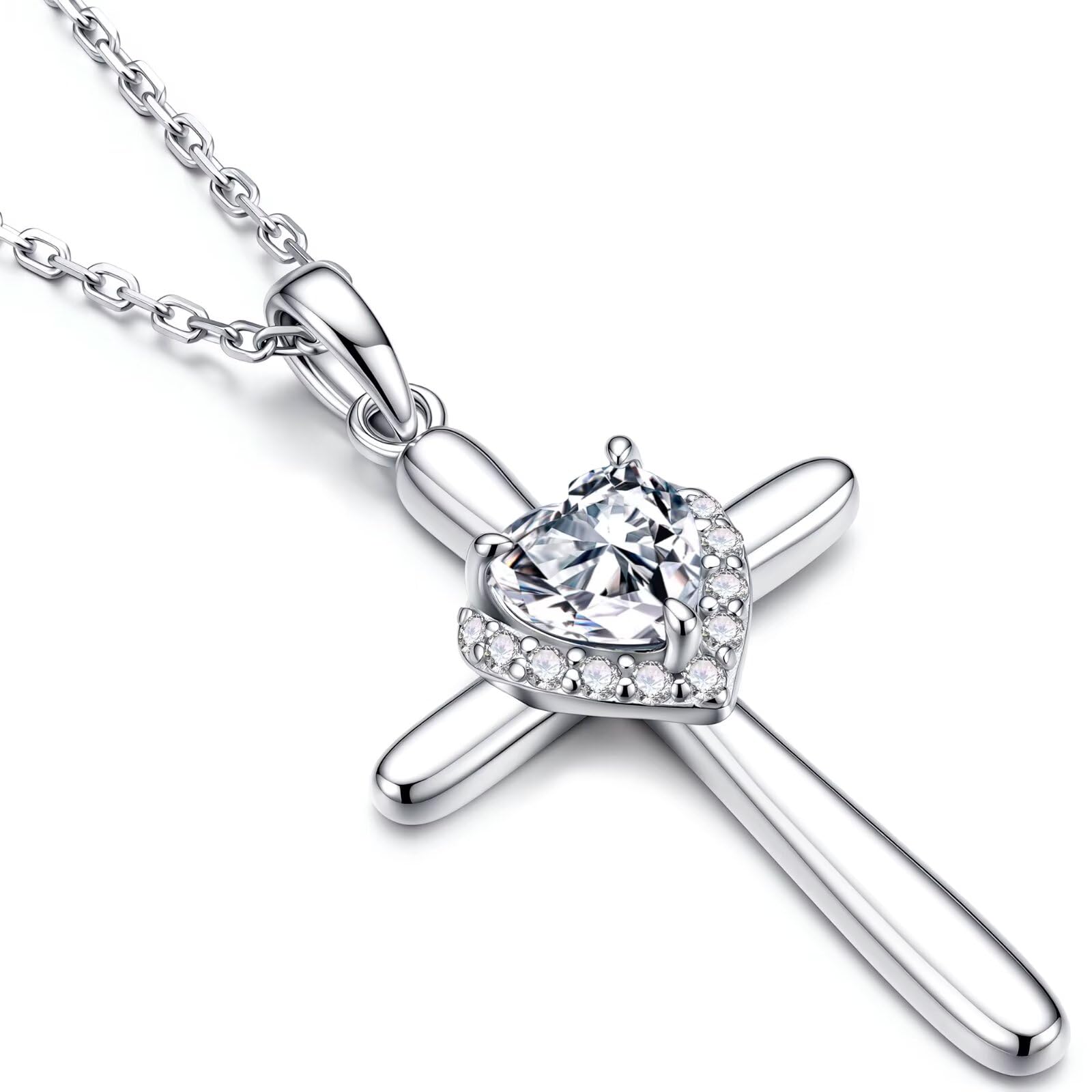 Iefil Cross Necklaces for Women - 925 Sterling Silver Heart Birthstone Cross Necklace, Anniversary Birthday Gifts for Wife Girlfriend Mom