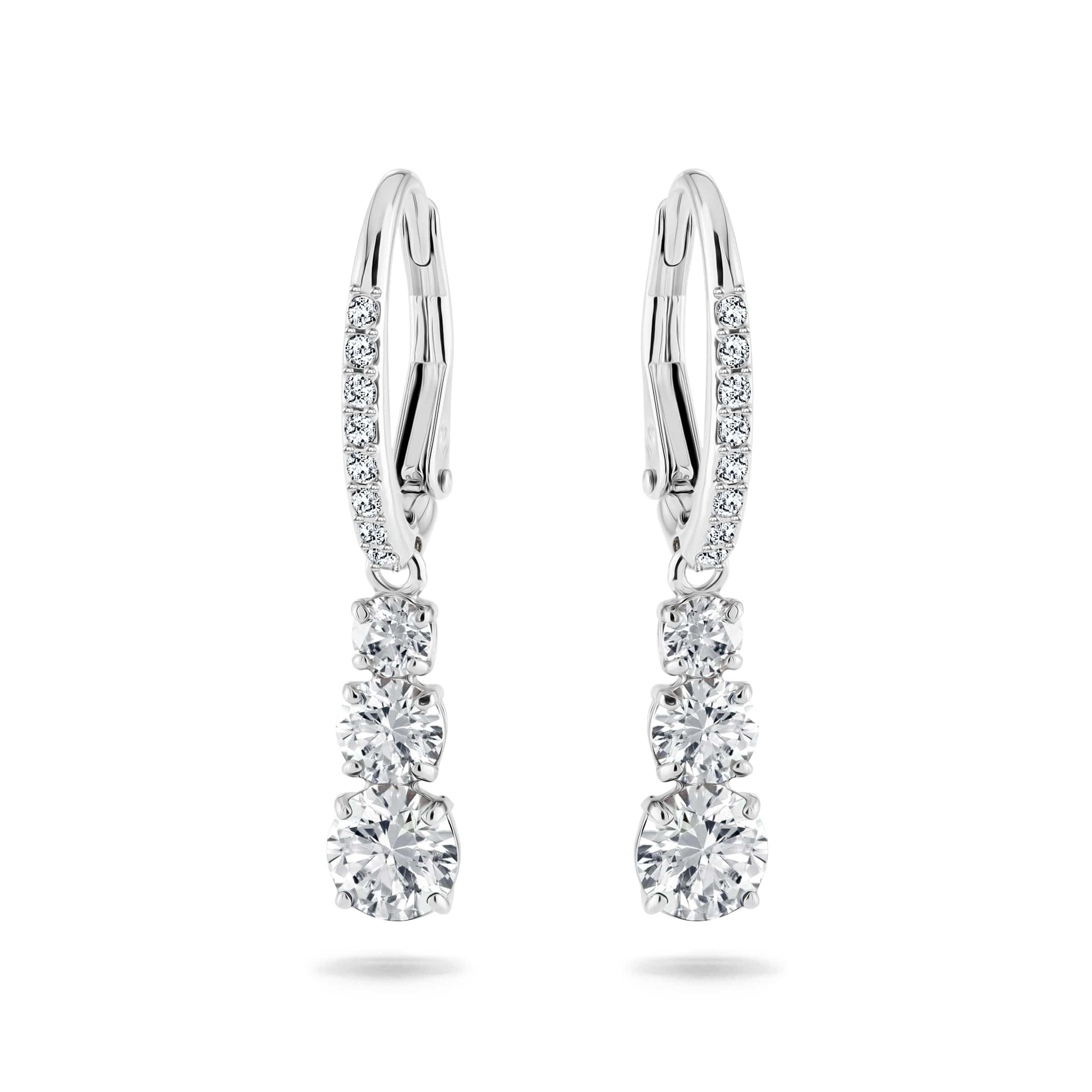 Swarovski Stilla Attract Trilogy Drop Pierced Earrings with White Crystals on a Rhodium Plated Setting with Hinged Closure